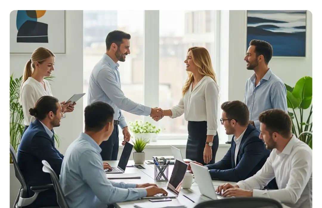 A diverse team of professionals collaborating in a modern office, representing Sagarmatha Recruitment's talent solutions.